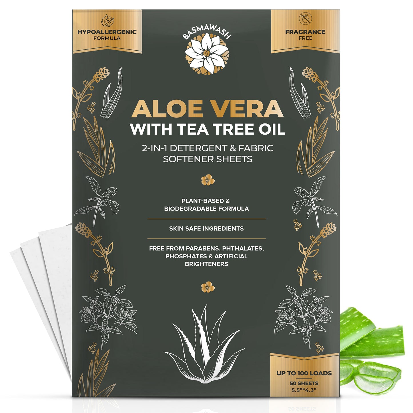 Aloe Vera & Tea Tree Oil 2-in-1 Laundry Detergent Sheets & Fabric Softener |Fragrance-Free, Hypoallergenic, Plant-Based, Eco-Friendly, Biodegradable, Deep Cleaning, Enzyme Powered, Baby Safe 50 Sheets
