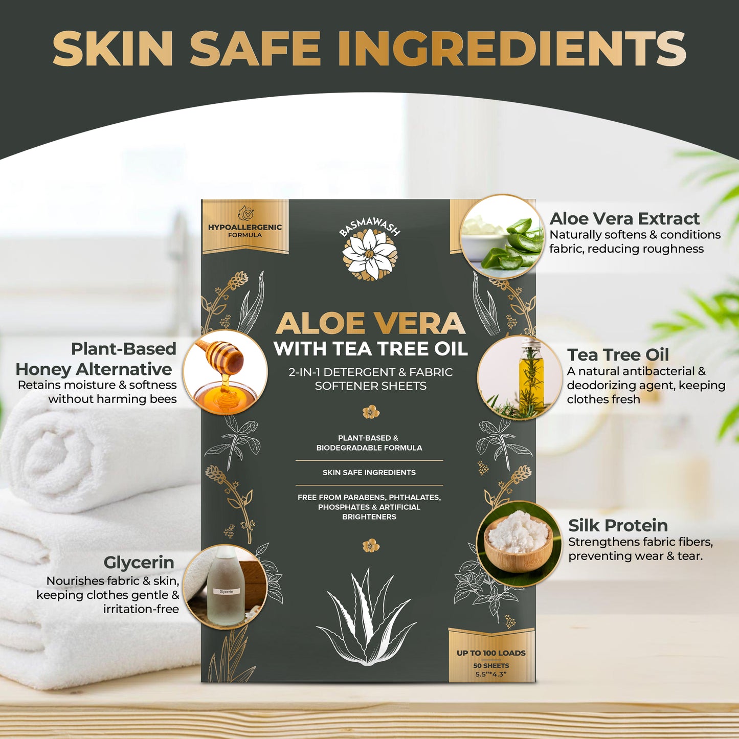 Aloe Vera & Tea Tree Oil 2-in-1 Laundry Detergent Sheets & Fabric Softener |Fragrance-Free, Hypoallergenic, Plant-Based, Eco-Friendly, Biodegradable, Deep Cleaning, Enzyme Powered, Baby Safe 50 Sheets