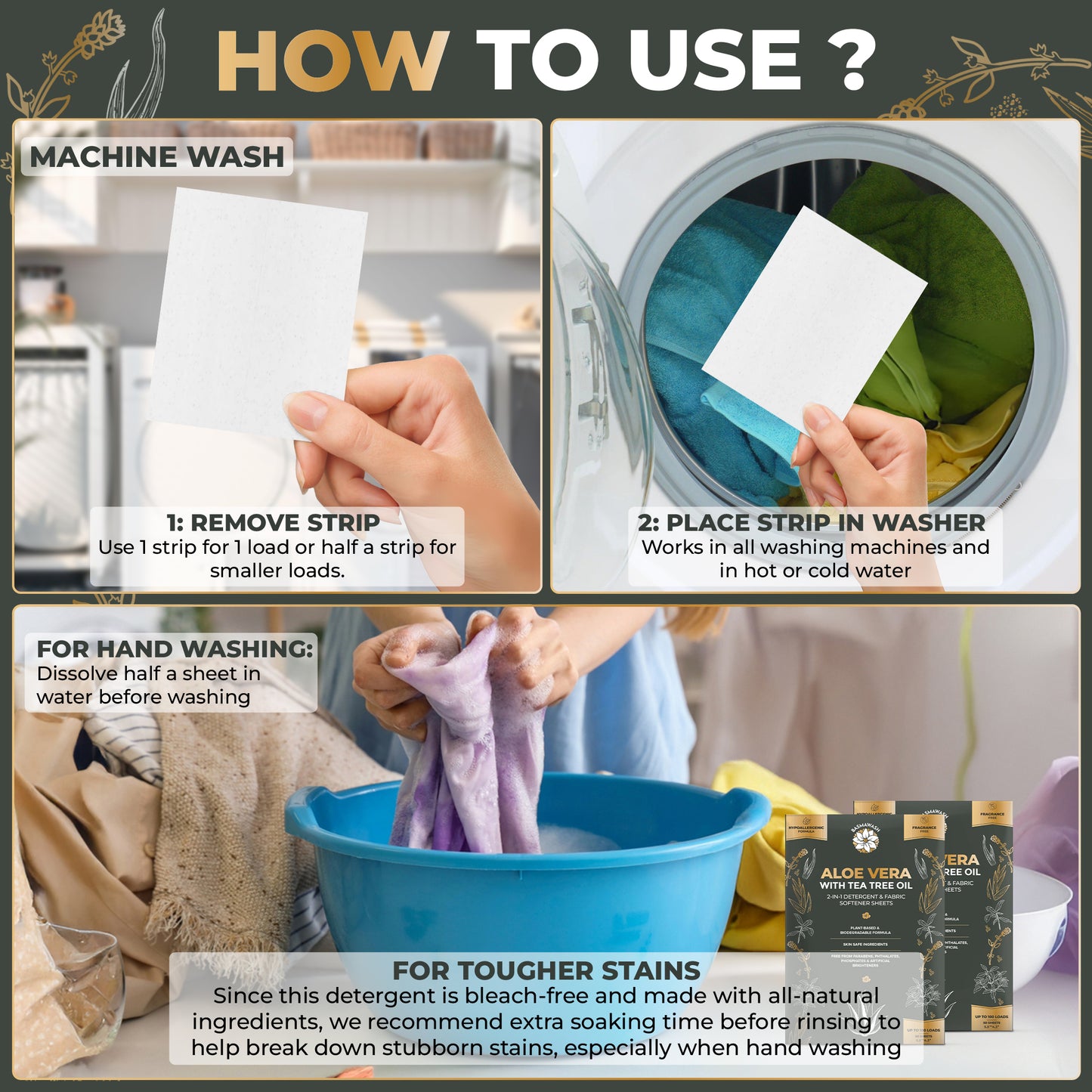 Aloe Vera & Tea Tree Oil 2-in-1 Laundry Detergent Sheets & Fabric Softener |Fragrance-Free, Hypoallergenic, Plant-Based, Eco-Friendly, Biodegradable, Deep Cleaning, Enzyme Powered, Baby Safe 50 Sheets
