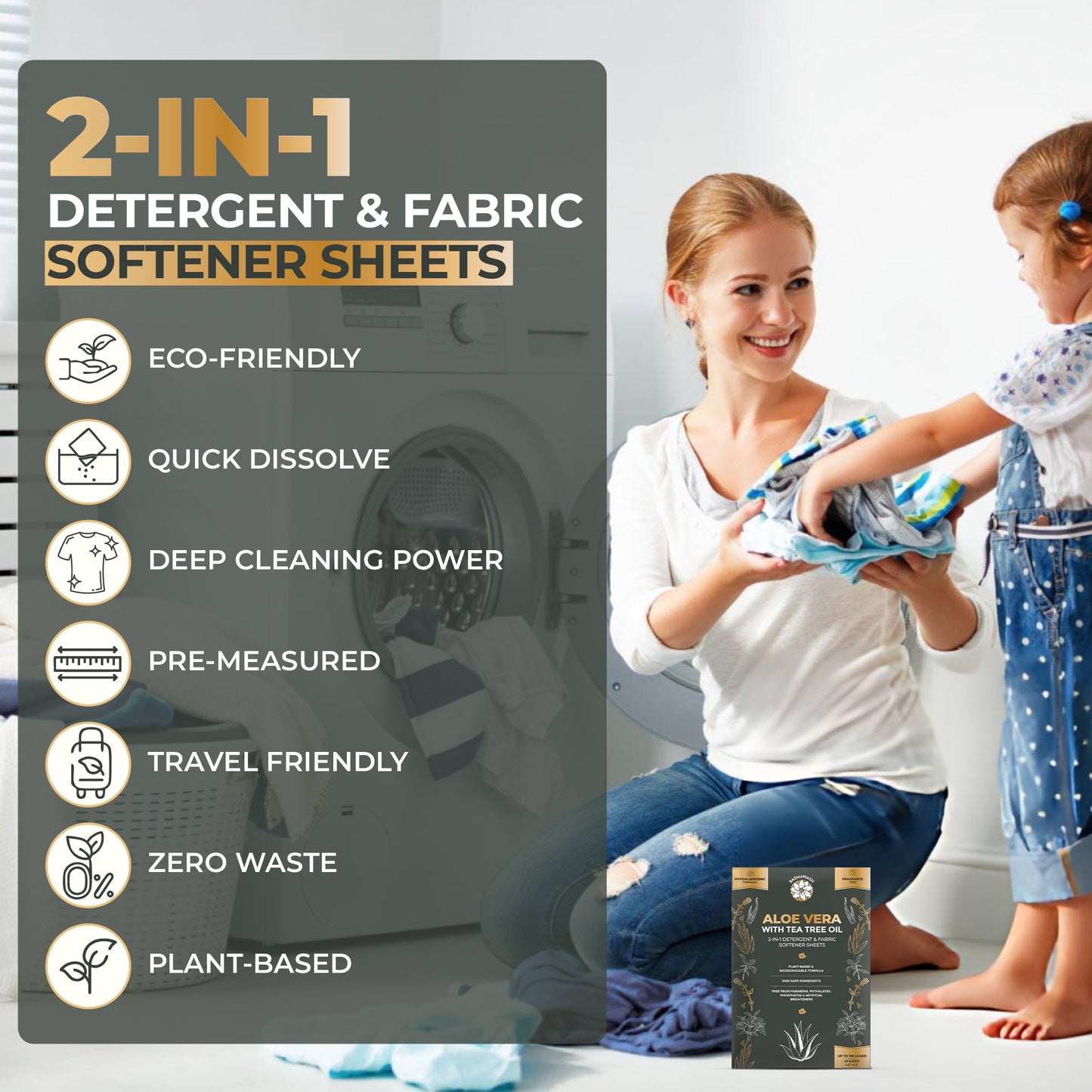 Aloe Vera & Tea Tree Oil 2-in-1 Laundry Detergent Sheets & Fabric Softener |Fragrance-Free, Hypoallergenic, Plant-Based, Eco-Friendly, Biodegradable, Deep Cleaning, Enzyme Powered, Baby Safe 50 Sheets