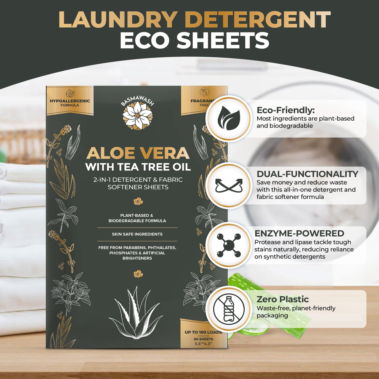 Aloe Vera & Tea Tree Oil 2-in-1 Laundry Detergent Sheets & Fabric Softener |Fragrance-Free, Hypoallergenic, Plant-Based, Eco-Friendly, Biodegradable, Deep Cleaning, Enzyme Powered, Baby Safe 50 Sheets