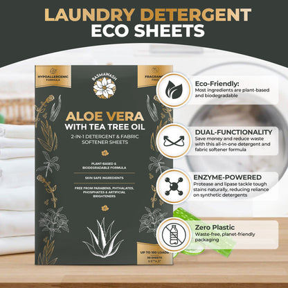 Aloe Vera & Tea Tree Oil 2-in-1 Laundry Detergent Sheets & Fabric Softener |Fragrance-Free, Hypoallergenic, Plant-Based, Eco-Friendly, Biodegradable, Deep Cleaning, Enzyme Powered, Baby Safe 50 Sheets